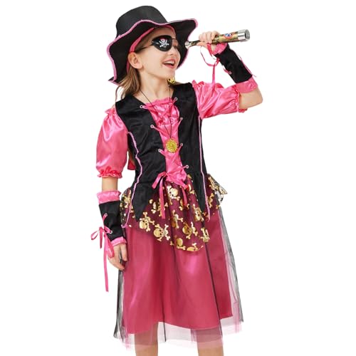 Joellfuner Piratenkostüm Mädchen, Piratenkleid Mädchen, Piratin Kostüm Mädchen mit Teleskop Kompass, Faschingskostüme Kinder Mädchen Piratin für Karneval Cosplay Party Dress Up (M) von Joellfuner