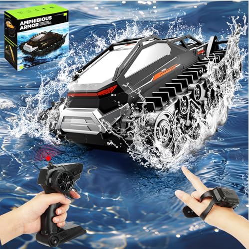 Joellfuner Rc Amphibienfahrzeug Ferngesteuert Auto, All Terrain Monster Truck an Land und Wasser, 1:15 RC Truck Kettenfahrzeug, für Jungen Mädchen 4,5,6,7+ Pool Strand für Kinder Spielzeug (Schwarz) von Joellfuner