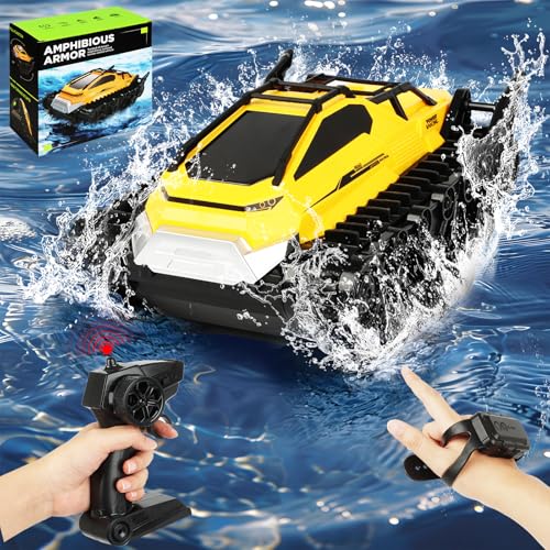 Joellfuner Rc Amphibienfahrzeug Ferngesteuert Auto, All Terrain Monster Truck an Land und Wasser, 1:15 RC Truck Kettenfahrzeug, für Jungen und Mädchen 4,5,6,7+ Pool Strand für Kinder Spielzeug(Gelbes) von Joellfuner