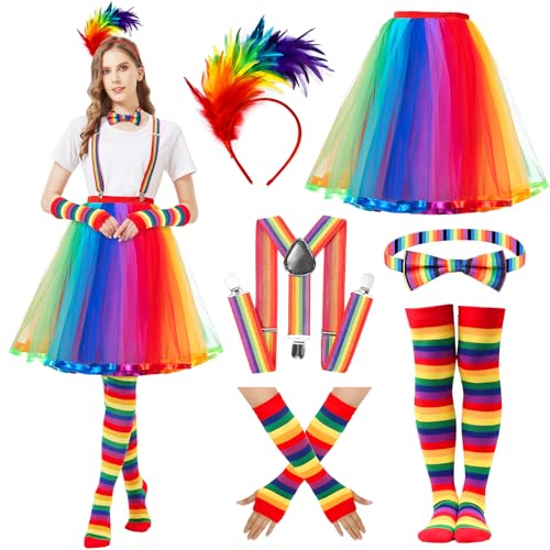 Joellfuner Regenbogen Kostüm Damen, Tüllrock Regenbogen Damen, Regenbogen Rock Damen Tüll mit Riemen, Bunt Feder Stirnband für Karnevalspartys und Mottoparty von Joellfuner