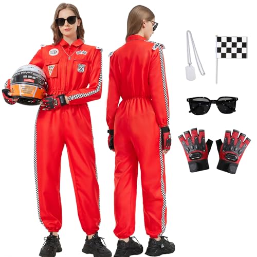 Joellfuner Rennfahrer Kostüm Damen, Rennfahrer Overall Jumpsuit für Erwachsene, Racer Overall Rennwagenfahrer Kostüm mit Handschuhen, Karierte Flagge, Sonnenbrille für Karneval (Rot, L) von Joellfuner