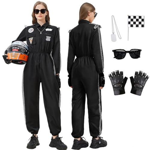 Joellfuner Rennfahrer Kostüm Damen, Rennfahrer Overall Jumpsuit für Erwachsene, Racer Overall Rennwagenfahrer Kostüm mit Handschuhen, Karierte Flagge, Sonnenbrille für Karneval (Schwarz, L) von Joellfuner