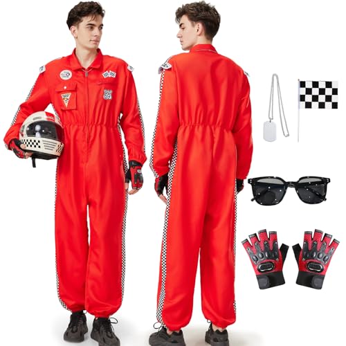 Joellfuner Rennfahrer Kostüm Herren, Rennfahrer Overall Jumpsuit für Erwachsene, Racer Overall Rennwagenfahrer Kostüm mit Handschuhen, Karierte Flagge, Sonnenbrille für Karneval (Rot, L) von Joellfuner