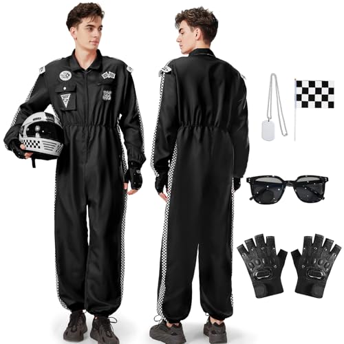 Joellfuner Rennfahrer Kostüm Herren, Rennfahrer Anzug Overall Jumpsuit für Erwachsene, Racer Overall Rennwagenfahrer Kostüm mit Handschuhen, Sonnenbrille für Karneval von Joellfuner