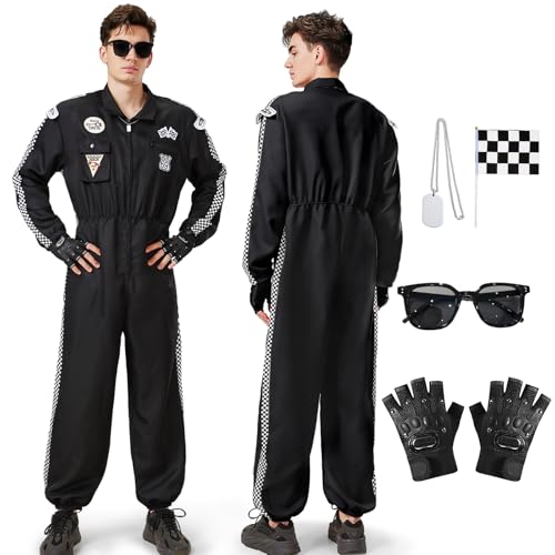 Joellfuner Rennfahrer Kostüm Herren, Rennfahrer Anzug Overall Jumpsuit für Erwachsene, Racer Overall Rennwagenfahrer Kostüm mit Handschuhen, Sonnenbrille für Karneval von Joellfuner