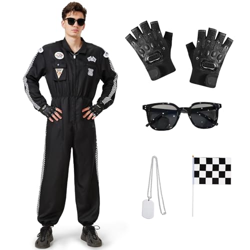 Joellfuner Rennfahrer Kostüm Herren, Rennfahrer Overall Jumpsuit für Erwachsene, Racer Overall Rennwagenfahrer Kostüm mit Handschuhen, Karierte Flagge, Sonnenbrille für Karneval (Schwarz, XL) von Joellfuner