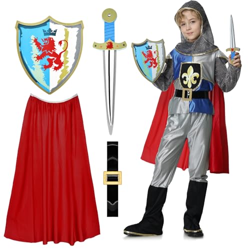 Joellfuner Ritter kostüm Kinder, Jungen Ritterkostüm mit Zubehör, Mittelalterliches König Ritter Kostüme Kind für Fasching Karneval Halloween Verkleiden Partys (Blau, L) von Joellfuner