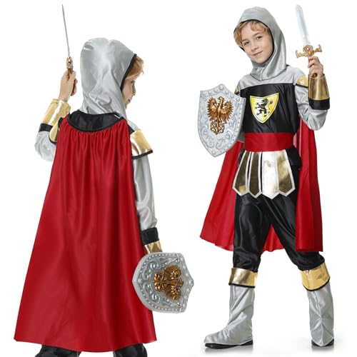 Joellfuner Ritter kostüm Kinder, Jungen Ritterkostüm mit Zubehör, Mittelalterliches König Ritter Kostüme Kind für Fasching Karneval Halloween Verkleiden Partys (Silbrig, L) von Joellfuner