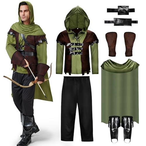 Joellfuner Robin Hood Kostüm Herren, Mittelalter Jäger Kostüm, Prinz der Diebe Kostüm mit Pfeiltasche, Gürtel, Stiefelüberzüge, Bogenschütze Männer Outfit Set für Karneval, Fasching, Fastnacht (S) von Joellfuner