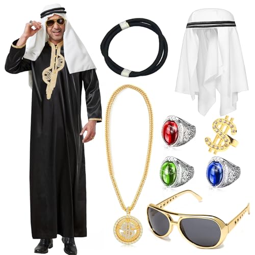 Joellfuner Scheich Kostüm Herren, Araber Kostüm, Aarabische Kleidung Herren, Kostüm Sultan mit Kopftuch, Gewand, Finger Ring, Halsketten, Sonnenbrillen für Karneval (Lokaler Tycoon, 2XL) von Joellfuner