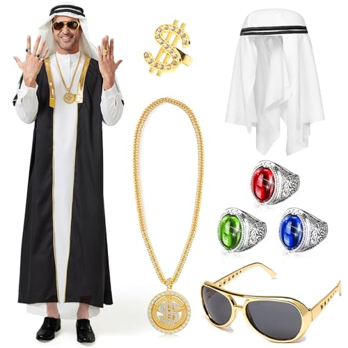 Joellfuner Scheich Kostüm Herren, Araber Kostüm, Aarabische Kleidung Herren, Kostüm Sultan mit Kopftuch, Gewand, Finger Ring, Halsketten, Sonnenbrillen für Karneval (Lokaler Tycoon, XL) von Joellfuner