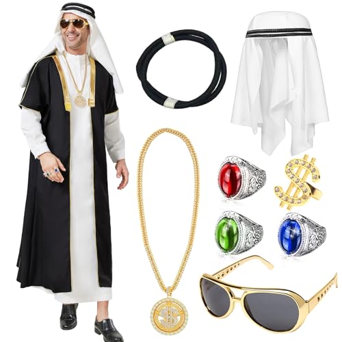 Joellfuner Scheich Kostüm Herren, Araber Kostüm, Aarabische Kleidung Herren, Kostüm Sultan mit Kopftuch, Gewand, Zigarre, Finger Ring, Halsketten, Sonnenbrillen für Karneval, Party, Cosplay (B-2XL) von Joellfuner