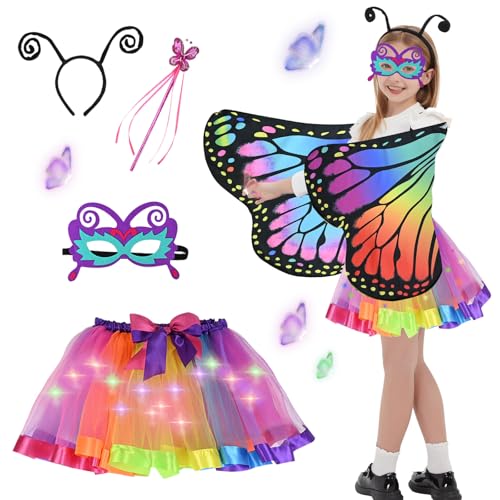 Joellfuner Schmetterling Kostüm Kinder Beidseitig, 5 Stück Kinder Schmetterlingsflügel, Schmetterling Umhang Flügel Kind mit Maske, Feenstab, Tutu Rock mit LED, Karneval Fasching Cosplay (Stil 1) von Joellfuner