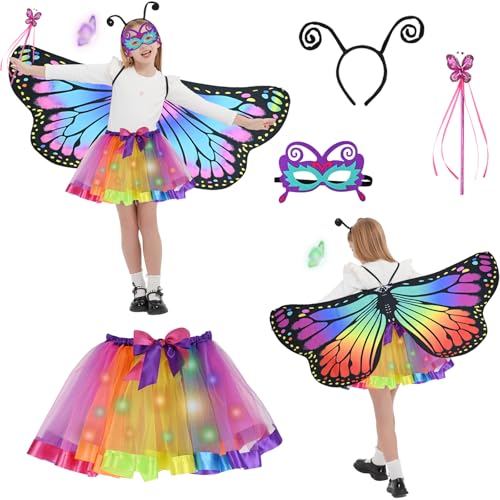 Joellfuner Schmetterling Kostüm Kinder Beidseitig, 5 Stück Kinder Schmetterlingsflügel, Schmetterling Umhang Flügel Kind mit Maske, Feenstab, Tutu Rock mit LED, Karneval Fasching Cosplay (Stil 1) von Joellfuner