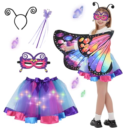 Joellfuner Schmetterling Kostüm Kinder Beidseitig, 5 Stück Kinder Schmetterlingsflügel, Schmetterling Umhang Flügel Kind mit Maske, Feenstab, Tutu Rock mit LED, Karneval Fasching Cosplay (Stil 2) von Joellfuner