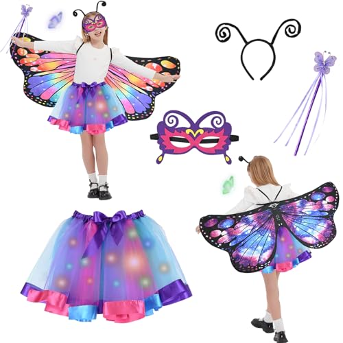 Joellfuner Schmetterling Kostüm Kinder Beidseitig, 5 Stück Kinder Schmetterlingsflügel, Schmetterling Umhang Flügel Kind mit Maske, Feenstab, Tutu Rock mit LED, Karneval Fasching Cosplay (Stil 2) von Joellfuner