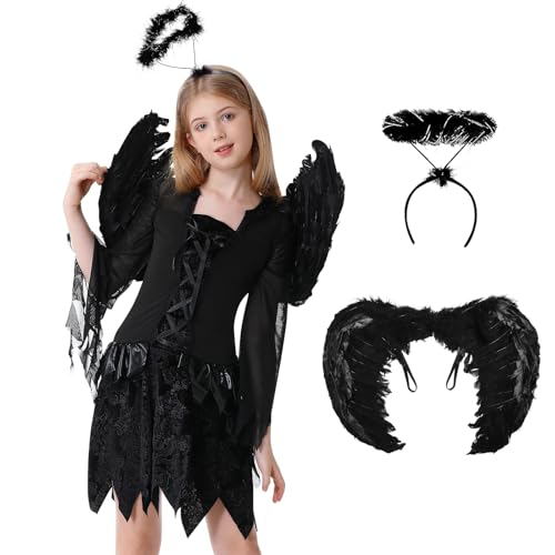 Joellfuner Schwarz Teufel Kostüm Kinder, Schwarzer Engel Kostüm mit Engelsflügel und Heiligenschein, Mädchen Schwarzes Kleid mit Schwarze Flügel für Halloween Karneval Cosplay Party (Größe XL) von Joellfuner