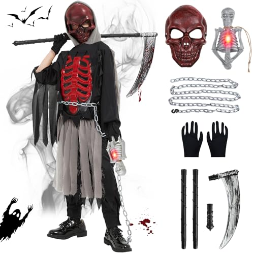 Joellfuner Sensenmann Kostüm Kinder, Grim Reaper Kostüm Kinder Set mit Maske und Schädel Licht, Sensenmann Kostüm Halloween Cosplay Grim Reaper Sense für Jungen Mädchen Karneval Mottoparty (M（7-9）) von Joellfuner