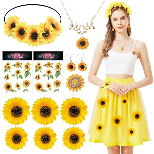 Joellfuner Sonnenblumen Kostüm Damen, Sonnenblumen Tüllrock Gelb mit Sonnenblumen Haarreif, Sonnenblumen Ohrringe, Sonnenblumen Künstlich, Tattoo Aufkleber, Sonnenblumen Deko für Karneval Fasching von Joellfuner