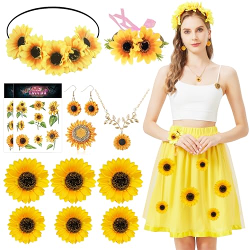 Joellfuner Sonnenblumen Kostüm Damen, Sonnenblumen Tüllrock Gelb mit Sonnenblumen Haarreif, Sonnenblumen Ohrringe, Sonnenblumen Künstlich, Tattoo Aufkleber, Sonnenblumen Deko für Karneval Fasching von Joellfuner