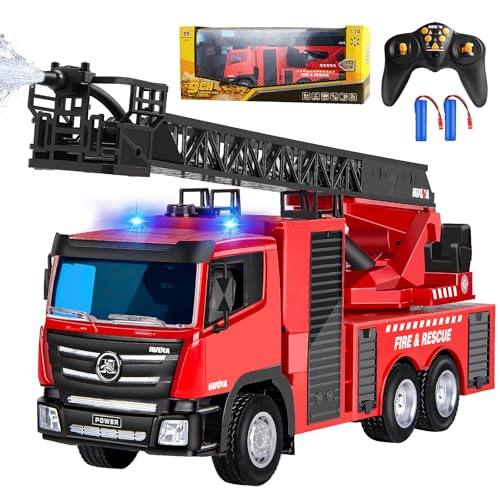 Joellfuner Spielzeug Feuerwehrauto Groß, 1:18 2,4G Feuerwehr Ferngesteuert, Feuerwehr Auto mit Drehleiter und Spritzfunktion, Feuerwehrauto Spielzeugauto mit Licht (2Pcs Batterie) von Joellfuner