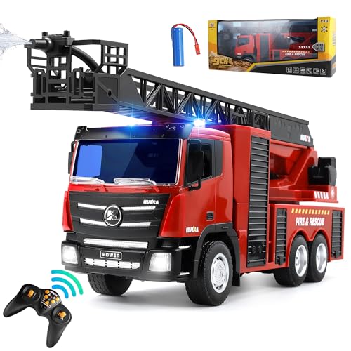 Joellfuner Spielzeug Feuerwehrauto Groß, 1:18 2,4G Feuerwehr Ferngesteuert, Feuerwehr Auto mit Drehleiter und Spritzfunktion, Feuerwehrauto Spielzeugauto mit Licht und Sound, 4 Radantrieb von Joellfuner