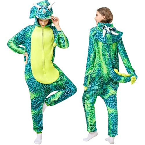 Joellfuner Triceratops Onesie Kostüm, Unisex Erwachsene Pyjama Jumpsuit, Tie-dye Dinosaurier Schlafanzug, Dino Tierkostüme für Erwachsene, Karneval Cosplay Tier Schlafanzug Pyjama (Grün, M) von Joellfuner