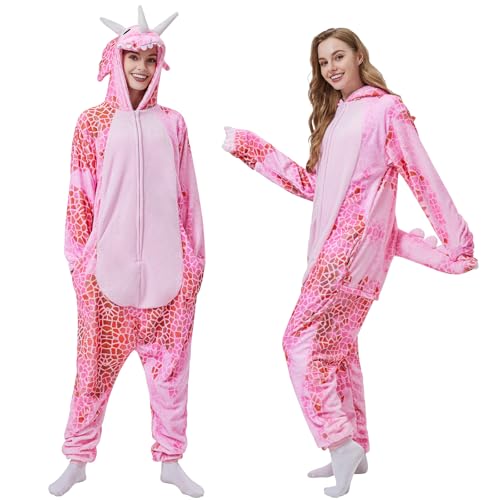 Joellfuner Triceratops Onesie Kostüm, Unisex Erwachsene Pyjama Jumpsuit, Tie-dye Dinosaurier Schlafanzug, Dino Tierkostüme für Erwachsene, Karneval Cosplay Tier Schlafanzug Pyjama (Rosa, L) von Joellfuner