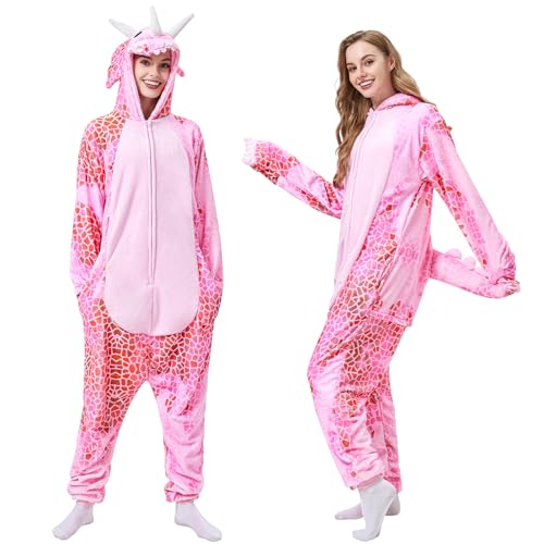 Joellfuner Triceratops Onesie Kostüm, Unisex Erwachsene Pyjama Jumpsuit, Tie-dye Dinosaurier Schlafanzug, Dino Tierkostüme für Erwachsene, Karneval Cosplay Tier Schlafanzug Pyjama (Rosa, M) von Joellfuner