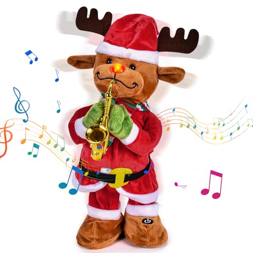 Joellfuner Weihnachten Elch Plüsch Kuscheltiere, Elch Deer mit Aufzeichnungs Weihnachten Dekoration, Musik LED Leuchtender Singender Tanzender, Geschenk für Kinder Weihnachten Party von Joellfuner