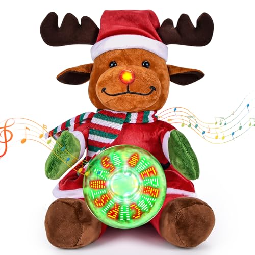 Joellfuner Weihnachtsfigur Elch, Weihnachten Elch Plüsch Kuscheltiere mit Schneekugel Weihnachten Dekoration Musik LED Leuchtender, Geschenk für Kinder Weihnachten Party (Elch - Sitzend) von Joellfuner