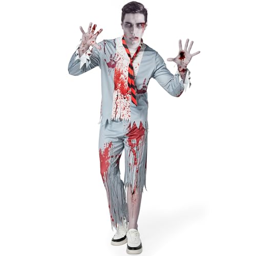 Joellfuner Zombie Schüler Kostüm Herren, Horror Kostümkleid Zombie Herren, Zombie Blutiges Kostüm Herren mit Krawatten, Oberteile, Hosen, Grau Halloween Kostüm Herren Horror Grusel Schüler Thema (M) von Joellfuner