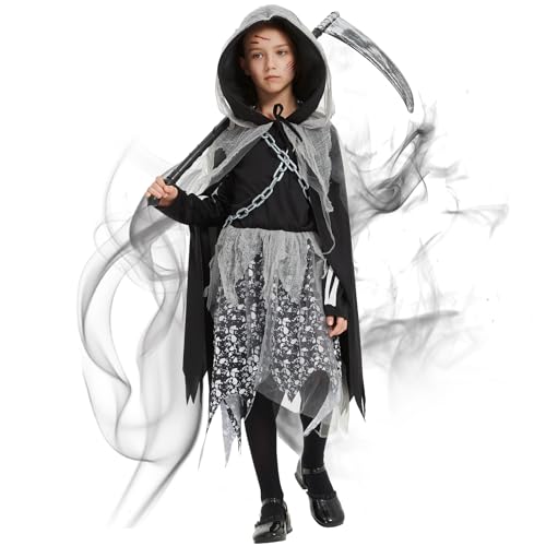 Sensenmann Mädchen Kostüm Halloween, Grim Reaper Costume Kinder, Sensenfrau Kostüm Kinder mit Kapuzengewand Taillenkette Spielzeugsense und Lange Socken für Halloween Karneval Party Cosplay (L) von Joellfuner