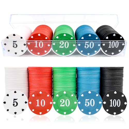 Jognee Poker Chips - Poker Box, 100 Stück Kunststoff Pokerchips, Nummerierte Poker-Chips-5/10/20/50/100, Mini-Poker-Chips Halten Sie Reisen Poker-Chips Familienparty von Jognee