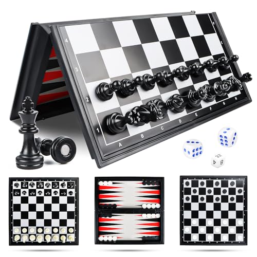 Jognee Schachspiel Magnetisch,Magnetic Chess Game,Reiseschach,Magnet Spiel,Magnet Schach,Chess Board,Schach/Dame/Backgammon 3 in 1 Set tragbare Faltbare Reise Magnetische Schachbrett für Kinder von Jognee