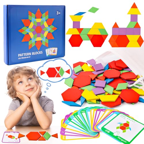 Tangram Kinder Geometrische Formen Holz Puzzles, 155 Teilig Montessori Spielzeug Puzzle mit 24 Designkarten, Farbige Tangram kinder legespiel für MäDchen Junge 3 4 5 6 7 Jahr von Jognee