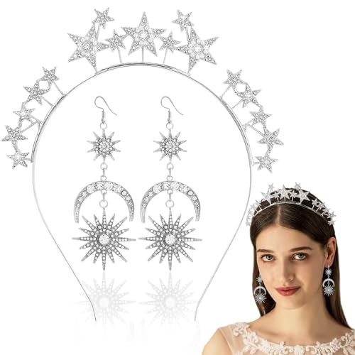 Faschingsfeier Haarreif Sterne und Sonne Ohrringe Set,Sonne Mond Sterne Kostüm,Ohrringe Haarreif Karneval,Glitzer Haarschmuck Ohrringe,Haarreif Sterne Silber,Faschingskostüm Accessoires Frauen Mädchen von Johiux