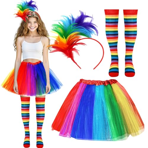 Faschingskostüme Tüllrock Damen Set,Bunte Feder Papagei Karneval Kostüm Damen,Regenbogen Kostüm Haarreif,80er Jahre Outfit Karneval Kostüm Damen Set,Outfit Faschingskostüm Damen für Karneval Party von Johiux