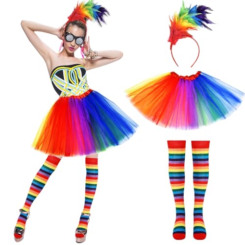 Faschingskostüme Tüllrock Damen Set,Bunte Feder Papagei Karneval Kostüm Damen,Regenbogen Kostüm Haarreif,80er Jahre Outfit Karneval Kostüm Damen Set,Outfit Faschingskostüm Damen für Karneval Party von Johiux