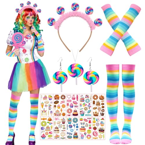 Johiux Lollipop Kostüm Damen Set,Candy Kostüm Damen mit Fingerlose Handschuhe Hohe Socken Candy Lollipop Haarreif Ohrringe Halskette,10 Stück Candy Face Tattoo,Fasching Karneval Kostüm Damen von Johiux