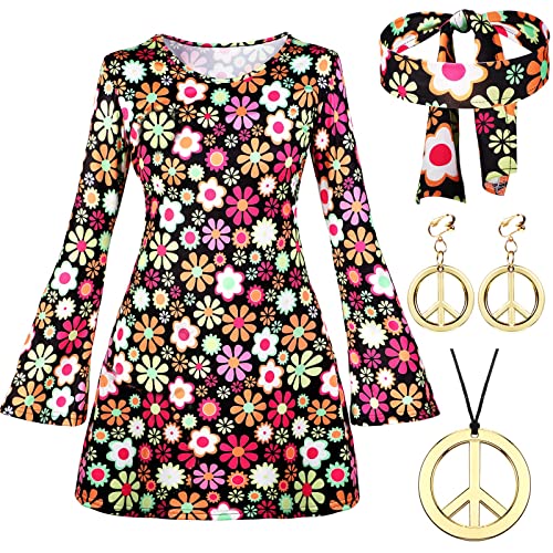 Johiux 4 Stück Hippie Kostüm Set,60 er 70er Jahre Bekleidung, Frau,70er Jahre Kostüm, Kleid Damen Disco Outfit Faschingskostüm Mädchen für Karneval Party(L) von Johiux