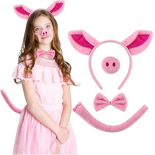 Johiux 4 Stücke Schwein Kostüm Set,Karneval Tier Kostüm Damen Kinder Mädchen,Rosa Schwein Ohren Nasen Schwanz und Fliege,Faschingskostüme Damen Kinder Mädchen von Johiux