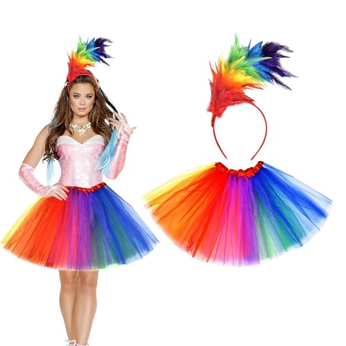 Faschingskostüme Tüllrock Damen Set,Bunte Feder Papagei Karneval Kostüm Damen,Regenbogen Kostüm Haarreif,80er Jahre Outfit Karneval Kostüm Damen Set,Outfit Faschingskostüm Damen für Karneval Party von Johiux