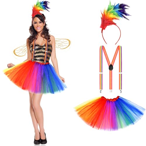 Faschingskostüme Tüllrock Damen Set,Bunte Feder Papagei Kostüm Damen,Regenbogen Kostüm,Regenbogen Haarreif,50er Karneval Kostüm Damen Set,Outfit Faschingskostüm Damen Mädchen für Karneval Party von Johiux