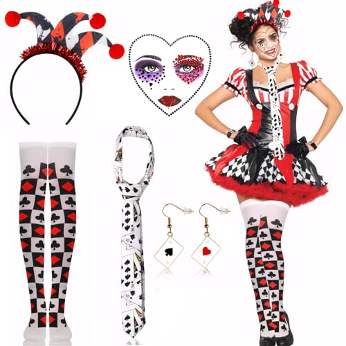 Johiux Herzkönigin Kostüm,Karneval Kostüm Damen,Spielkarten Pik und Herz Ohrringe,Magische Spielkarten Krawatte,Joker Haarband Gesicht Strass Damen Mardi Gras Make Up Accessoire für Mardi Gras Party. von Johiux