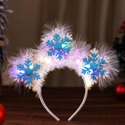 Johiux LED Weihnachts Haarreif Schneeflocken,Leuchtend Weihnachts Haarschmuck mit Feder Schneeflocken,Weihnachts Kopfschmuck,Weihnachtshaarreif für Kinder Erwachsenefür Weihnachten Party Geschenk von Johiux