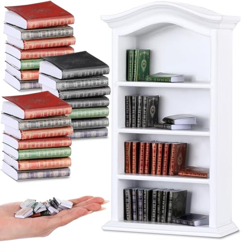 Johiux Wichtel Zubehör Weihnachten Puppenhaus Zubehör,1:12 Miniatur-Puppenhausbücher und 1 Miniatur-Holzbuchregal,Miniatur Zubehör Bücherregal Bücher Miniatur Bibliothek Dekoration. von Johiux