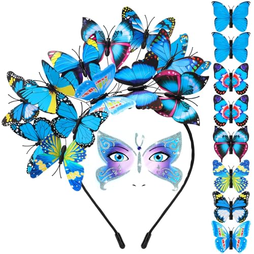 Schmetterling Haarreif und 8 Stück Haarspangen und Schmetterling Glitzer Gesicht Tattoo,Schmetterling Kostüm Zubehör Kinder Damen Mädchen,Karneval Kostüm Kopfschmuck Damen,Faschingskostüme (Blau) von Johiux