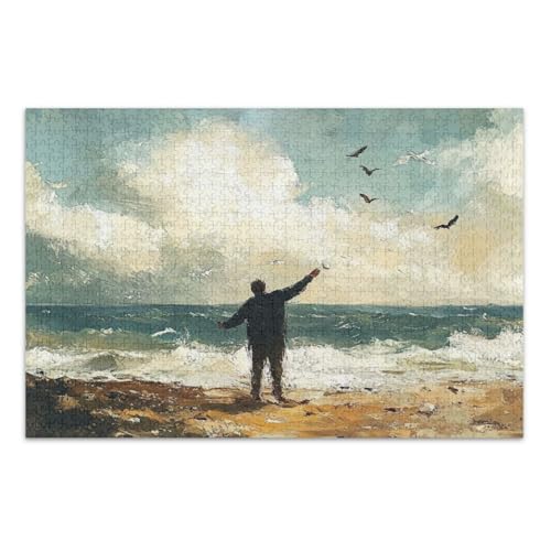 Beach Man Wave Blue Jigsaws Puzzles, 1000 Teile Puzzles für Erwachsene, mit Buchstaben auf Rückseite, Puzzles 1000 Teile für Erwachsene von Joitme