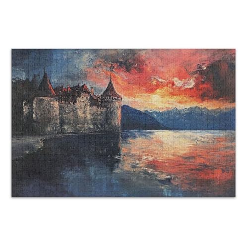 Chateau Sunset Reflection Red Jigsaw Pizzles, Puzzle 500 Teile Erwachsene, mit Buchstaben auf Rückseite, Puzzles für Erwachsene 1000 Teile von Joitme